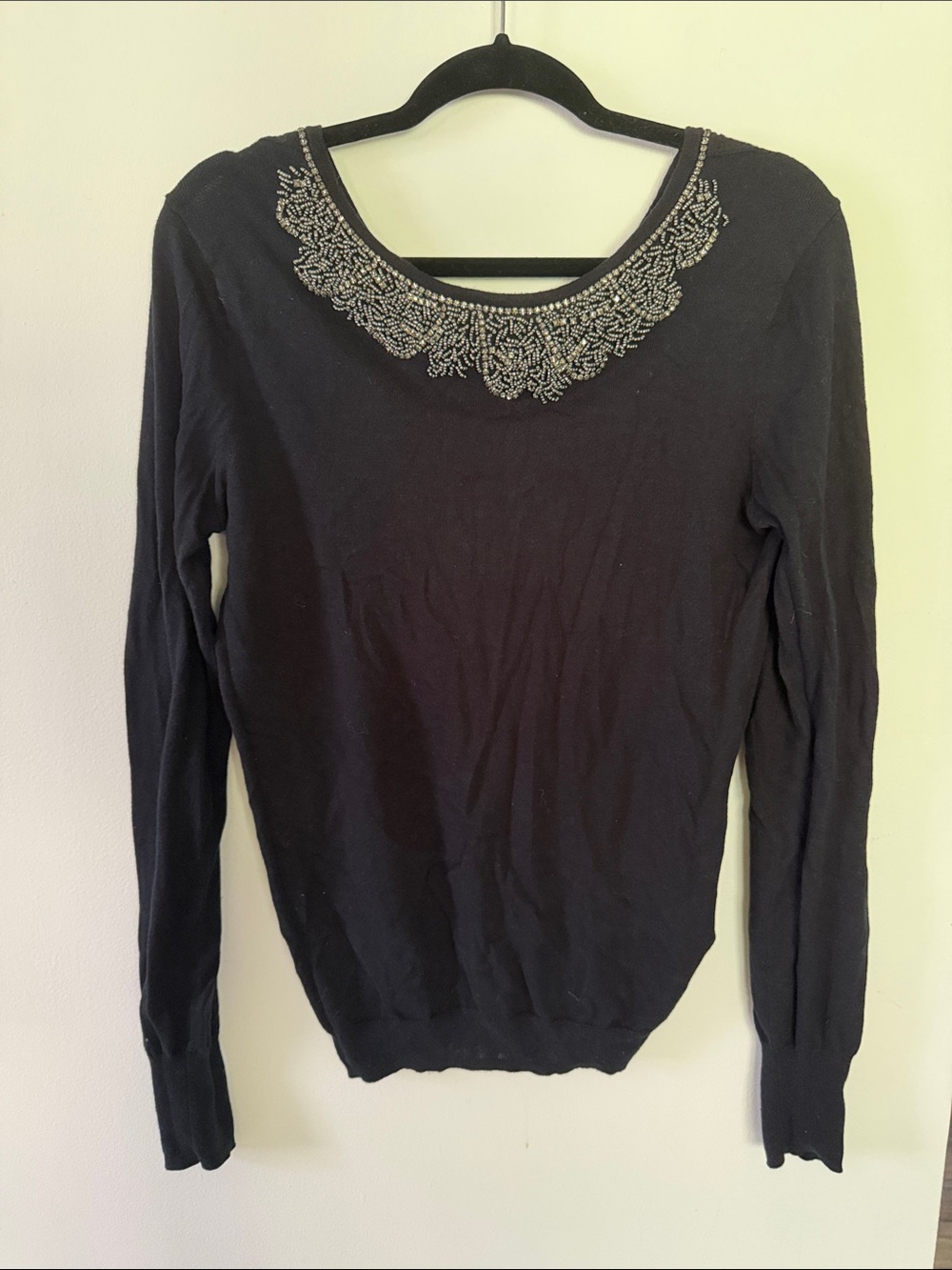 Black Beaded Neckline Long Sleeve Sweater